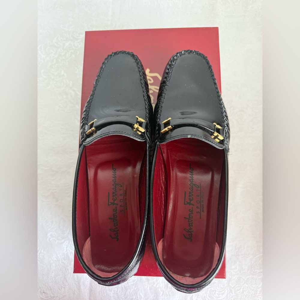Salvatore Ferragamo Black Patent Leather Loafers with Gold Tone Hardware - Picture 7 of 9